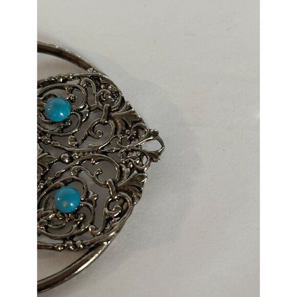 Vintage Silver Tone Necklace Pendant Intricate Filigree Design Circle Jewelry - Picture 4 of 5